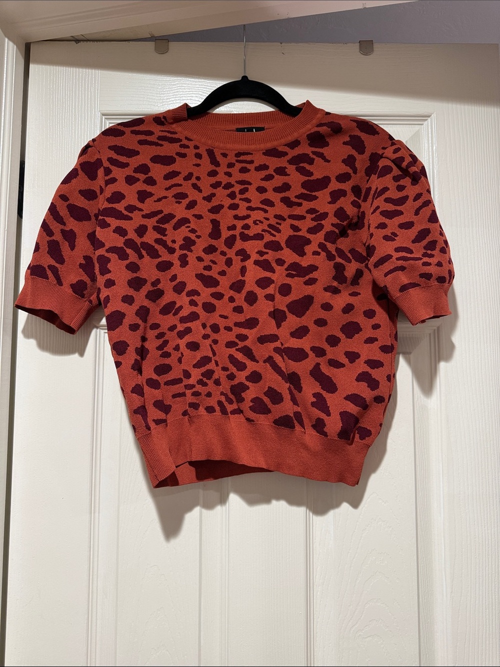 Short-Sleeve Leopard Crewneck Sweater in Rust Red